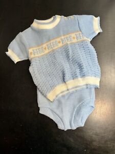 Vintage Baby Outfit Blue Size 0-6 Months Hero Striped Confetti Knit Boy