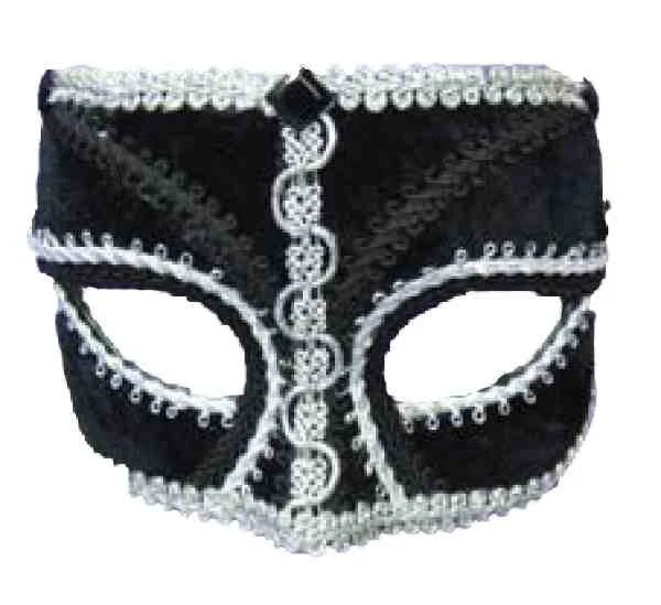 BLACK VELVET VENETIAN STYLE MARDI GRAS MASQUERADE MASK w/SILVER TRIM - Image 1 of 1