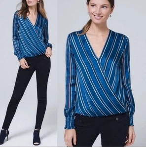 Neu WHITE HOUSE BLACK MARKET blau gestreiftes Surplus Shirt Gr:M Wickelbluse - Bild 1 von 13
