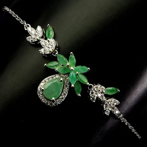 925 Sterling Silver Bracelet Pear Emerald 7x5mm Natural Gemstone Jewelry 8 Inch - Picture 1 of 13