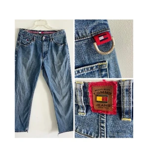 Vintage Tommy Hilfiger Jeans Herren 32 x 32 blau gerades Bein Y2K Schlüsselschnalle Logo Schleife - Bild 1 von 15