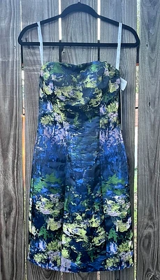 NWT Jovani Blue Floral Watercolor Print Strapless Mini Dress Sz 0 MSRP $650  - Image 1 of 4