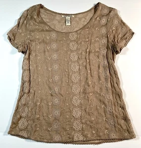 Lucky Brand Womens Size Small Tan Embroidered Lace Tunic Boho Sheer Peasant - Picture 1 of 12