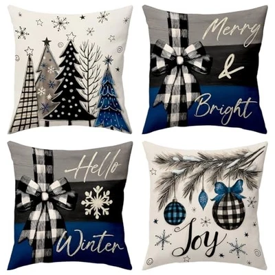  Fundas de Almohada Navidad 18x18, Navidad Pino Copo de Nieve Azul Gris  Foto 1 de 4