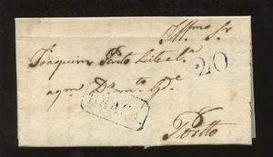 PORTUGAL 1841 COVER + LETTER..20c + BRAGA BOXED in BLUE - Picture 1 of 1