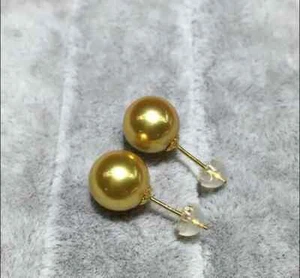 Atemberaubender AAA+ 10-9mm echter natürlicher Südsee goldener runder Perlenohrring 18k Gold - Bild 1 von 6