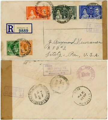 MALAYA STRAITS SETTLEMENTS WW2 CENSORED 1937 CORONATION REGISTERED PENANG to USA - Image 1 of 3