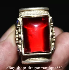 Anillo de flores cuadradas dinastía pinturas piedras preciosas rojas con incrustación de plata china antigua de 1,4" - Imagen 1 de 7
