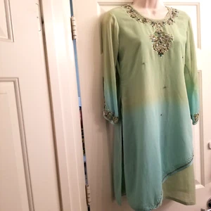Indian Sari Tunic Sheer Layered Ombre Mint Green Aqua Beaded Rhinestone Sequin - Picture 1 of 20