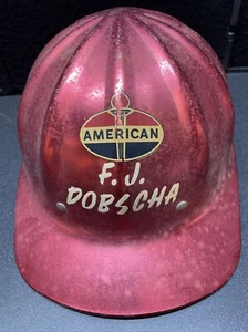 VINTAGE AMERICAN OIL COMPANY RED ALUMINUM SUPERLITE FIBRE METAL HARD HAT HELMET - Picture 1 of 9