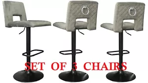SET OF 3 Grey Velvet Bar stools with ring Knockers , SET OF 3 - Picture 1 of 5