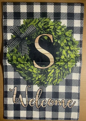 Boxwood Wreath Black & White Plaid Initial S Garden Flag  12x18 In Double Sided - Image 1 of 3