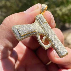 14k Gold Plated 925 Sterling Silver Gun Pendant Nine Pistol CZ Iced Flooded Out - Picture 1 of 5