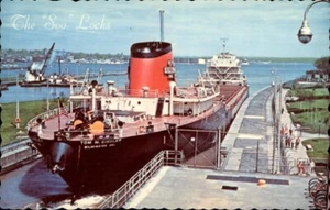 Soo Locks, Tom M. Girdler Ship Departing MacArthur Lock Postcard - Picture 1 of 2