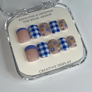 24 Piece Short False Nail ~ Blue Picnic ~ Cute Press on Nails - Picture 1 of 8