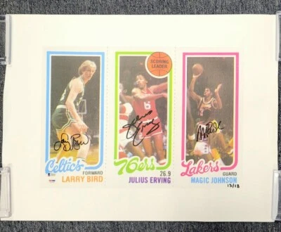 1980-81 Topps Larry Bird Magic Johnson Julius Erving Firmado 16x20 Lienzo/18 BAS Foto 1 de 4