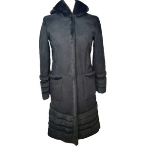 Penny Lane schwarz Medium Kapuze Kunst Lammfellbesatz Fleece gefüttert Knopf Mantel - Bild 1 von 14