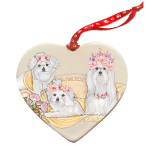 Maltese Dog Porcelain Floral Heart Shaped Ornament Décor Pet Gift - Picture 1 of 2