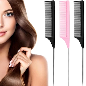 3 Packs Rat Tail Comb Steel Pin Rat Tail Carbon Fiber Heat Resistant Teasing Com - Picture 1 of 12