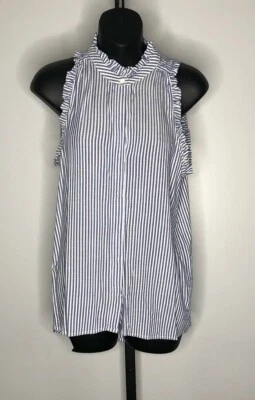 Gibson Blue White Striped Sleeveless Blouse 100% Rayon w Ruffle Trim Size XS - Image 1 of 4