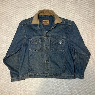 Chaqueta vaquera vintage años 90 Timberland Weathergear de mezclilla camionero talla grande cuero Foto 1 de 4