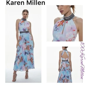 Karen Millen Uk10 US6 EU38 Blue Diamante Trim floral Pleat Skirt MIDI dress - Picture 1 of 24