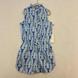 NWT Classic Prep Girls 6 Lobster Print Romper Blue Gingham Ruffle Dixie Style - Picture 1 of 16