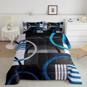 Juego de edredón geométrico negro gris azul retro círculo edredón rayas remolino A... - Imagen 1 de 7