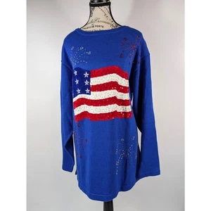 Quaker Factory Womens 1X Sweater 4th of July American Flag Election QVC New Blue - Picture 1 of 11