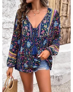 Everyday the Label Devine Printed Tie Neck Long Sleeve Blouse Women Dark Blue - Picture 1 of 17