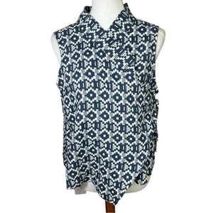 Bryn Walker Koroyo Linen Navy and White Ikat Sleeveless Wrap Vest Size L - Picture 1 of 9