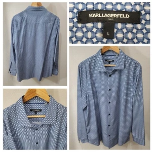 Karl Lagerfeld Dress Shirt Men's Large Blue Geometric Print Button Up Stretch - Picture 1 of 19