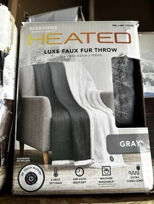 Berkshire Heated Throw Blanket Luxe Faux Fur Plaid Gray 50x60 in