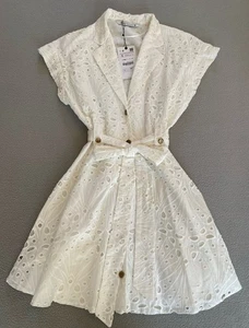 ZARA DRESS SZ 8 SMALL WHITE BRODERIE ANGLAISE BELT BUTTON FLARE SEE DETAIL - Picture 1 of 10