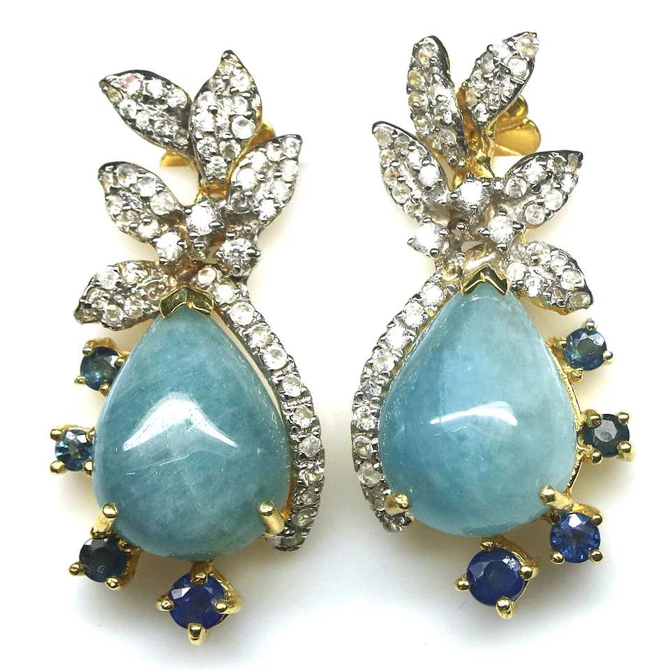 Gemstone 12 x 17 mm. Aqua Blue Aquamarine, Sapphire & Zircon Earrings 925 Silver - Image 1 of 4