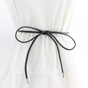 Women Solid Faux Leather Long Waist Rope Self-tie Dress Belt Waistband Elegant / - Picture 1 of 13