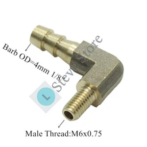 Brass Elbow Metric Male Thread M6 M6x0.75 Barb 4mm 1/8" Hose Fitting Adapter - Picture 1 of 1