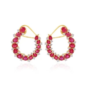 10.13 TCW Natural Ruby Lab Grown CVD Diamond Hoop Earrings Solid 14k Yellow Gold - Picture 1 of 9