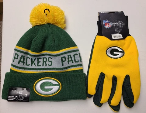(2) Green Bay Packers Winter Hat (New  Era) & Utility Gloves (NFL Team Apparel) Cover