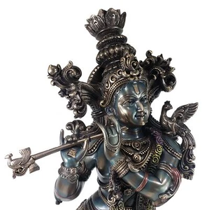 Large 30" Hindu Supreme God Krishna Playing Flute Statue Antique Bronze Finish - Picture 1 of 7