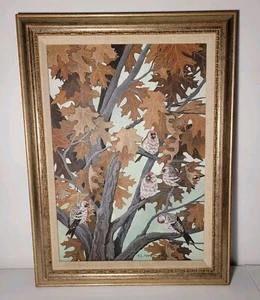 Vtg 1991 Original Framed 24x18x2 Hand Painted Chickadee Bird Autumn Leaves Fall - Picture 1 of 9