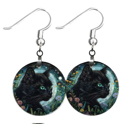 Black Cat Full Moon Earrings Boho Flower Garden Sterling Wires Dangle Drop - Image 1 of 4