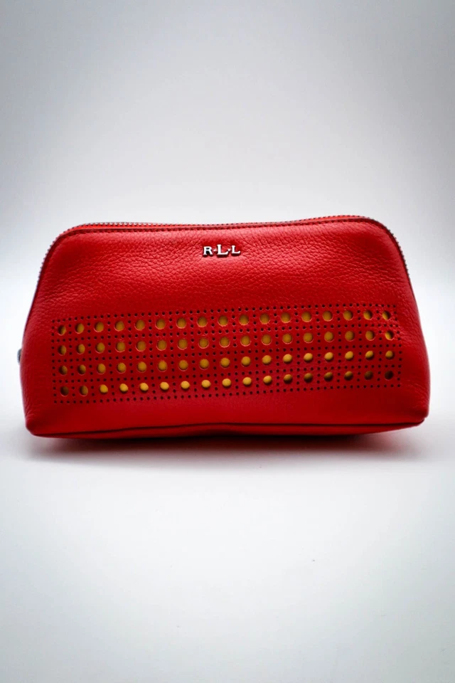 Ralph Lauren Leighton Make-up Cosmetics Bag Toiletries Case Pebbled Leather Red - Image 1 of 4