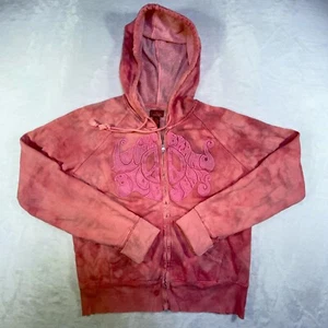 VTG Lucky Brand Blue Jeans Hoodie Juniors XL Peace Sign Pink Tie Dye Full Zip - Picture 1 of 23