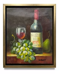 NY Art-Original Oil Painting of Wine & Fruits on Canvas 8x10 Framed - Picture 1 of 6