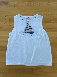Quacker Factory Womens Sweater L White Sailboat Sleeveless Sequin Blouse Top K41 - Picture 1 of 6