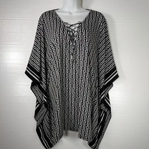 Michael Kors Womens Sz XL Kaftan Top Black White Striped Pullover Lace Up Front - Picture 1 of 16