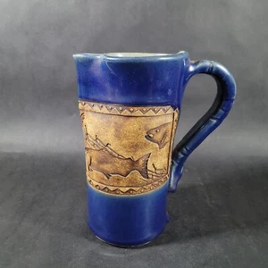 Studio Art Pottery Fish Pitcher Vase OOAK Embossed Hand thrown Sea Life 8.5" - Picture 1 of 9