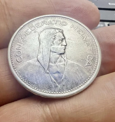 SWITZERLAND SILVER COIN 5 FRANCS FOUNDING HERO WILLIAM TELL SWISS  1966 B   YEAR - Image 1 of 4