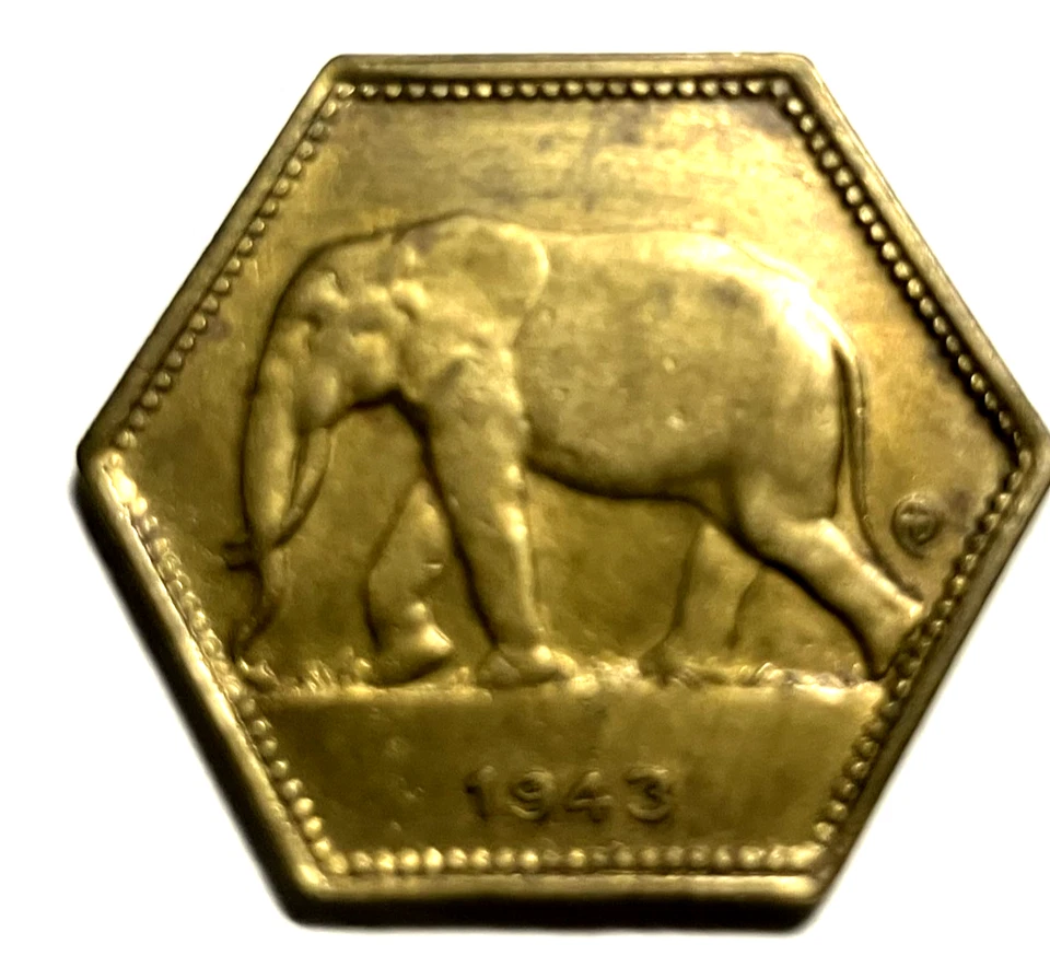 elf Belgian Congo 2 Francs 1943 African Elephant Philadelphia Mint  C63 - Image 1 of 2